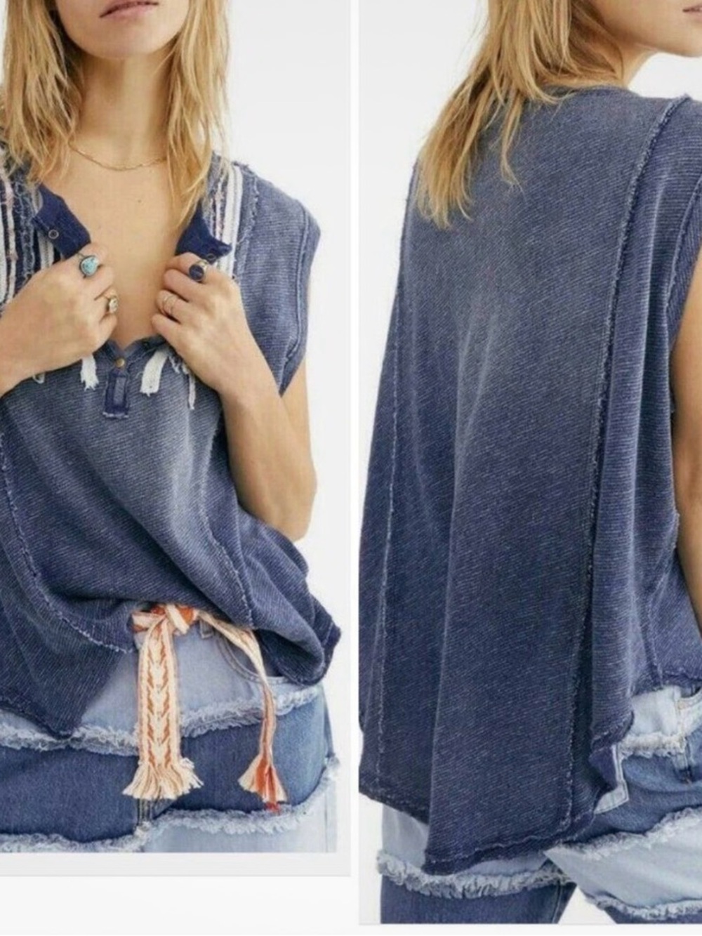 Free People Fray Mixed Harvey Muscle Indigo Combo oversized sleeveless Top Small